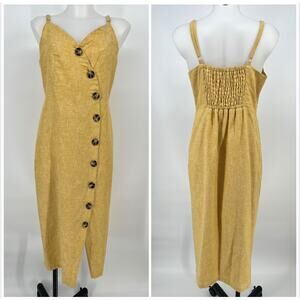 Linea Donna Linen Blend Dress Size 8 Yellow Asymmetric Button Smocked Sheath